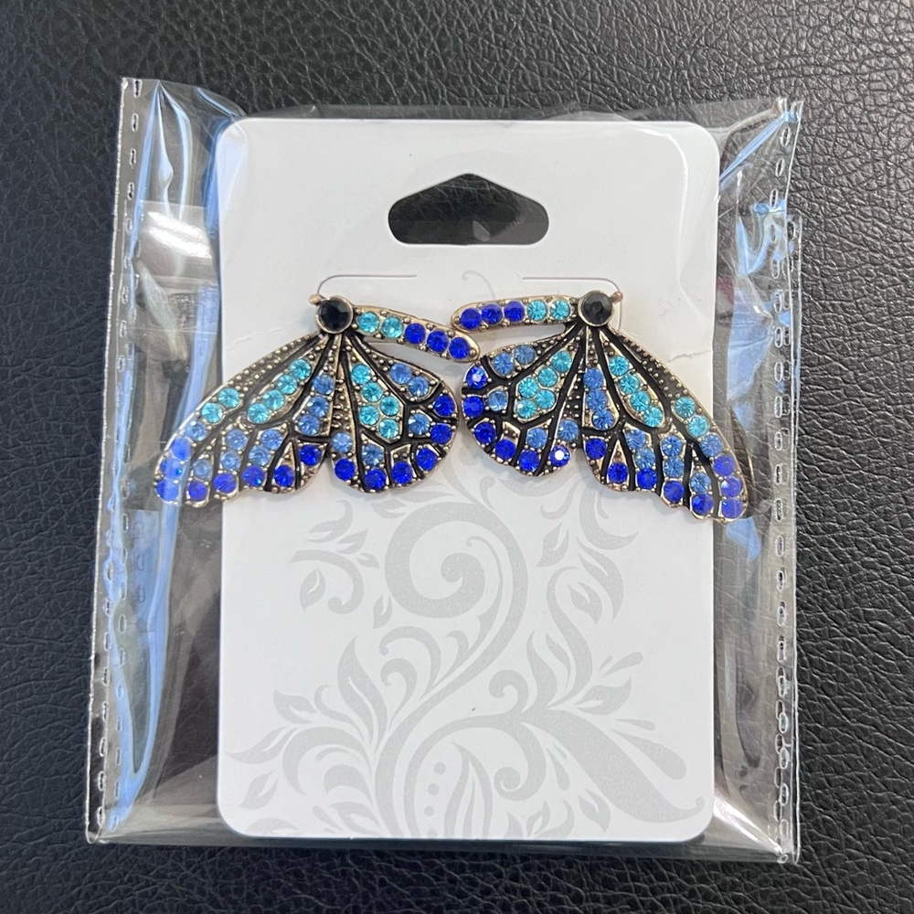 Earring Blue Butterfly Wing Rhinestone Post - Picture 6 of 8